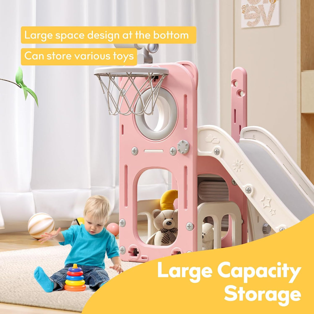 6 in 1 Toddler Playset with Slide,Toddler Slide,Slide for Kids with Basketball Hoop,Ball,Ring Toss,Kids Slide Toddler Playground Toddler Slide Indoor Outdoor Toys