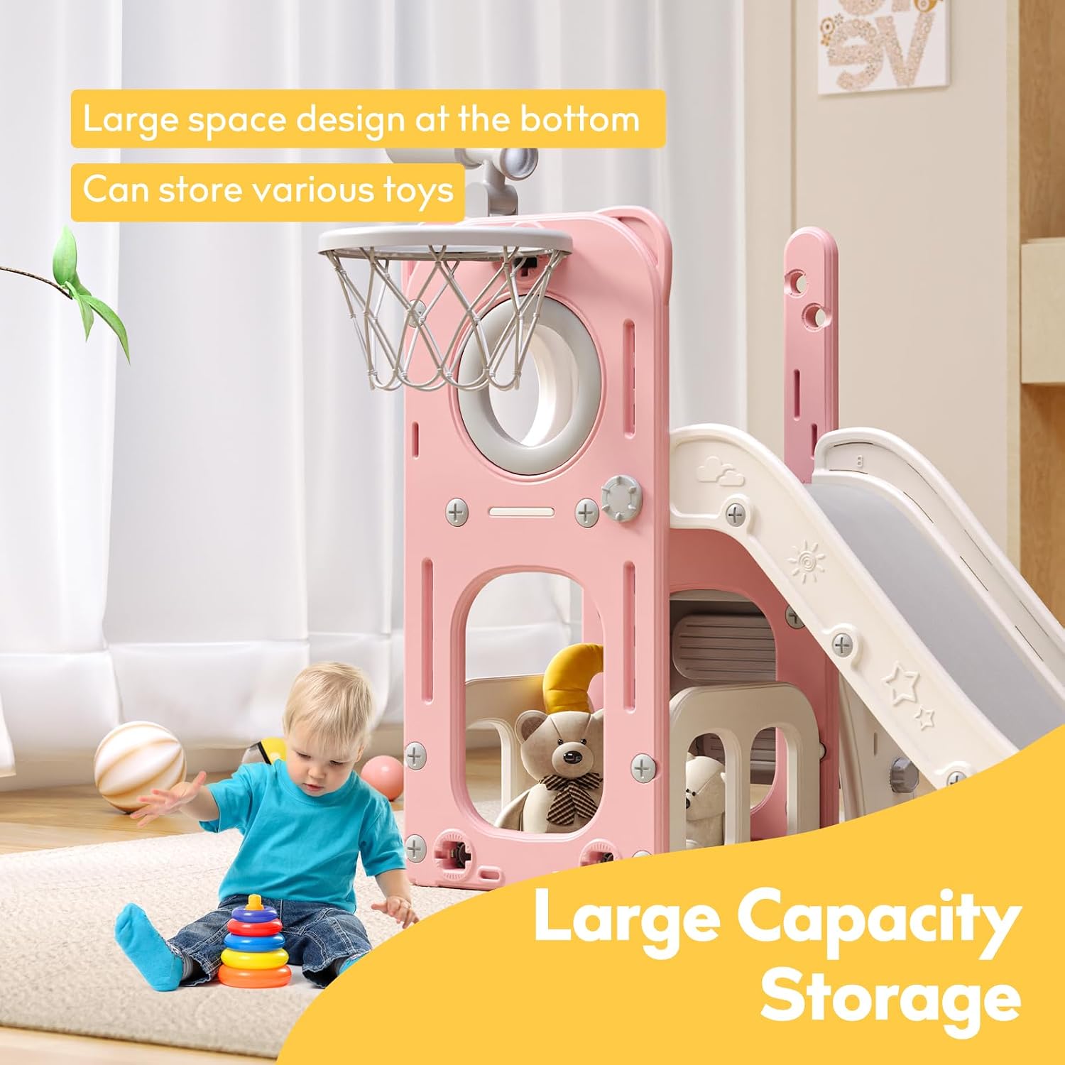 6 in 1 Toddler Playset with Slide,Toddler Slide,Slide for Kids with Basketball Hoop,Ball,Ring Toss,Kids Slide Toddler Playground Toddler Slide Indoor Outdoor Toys