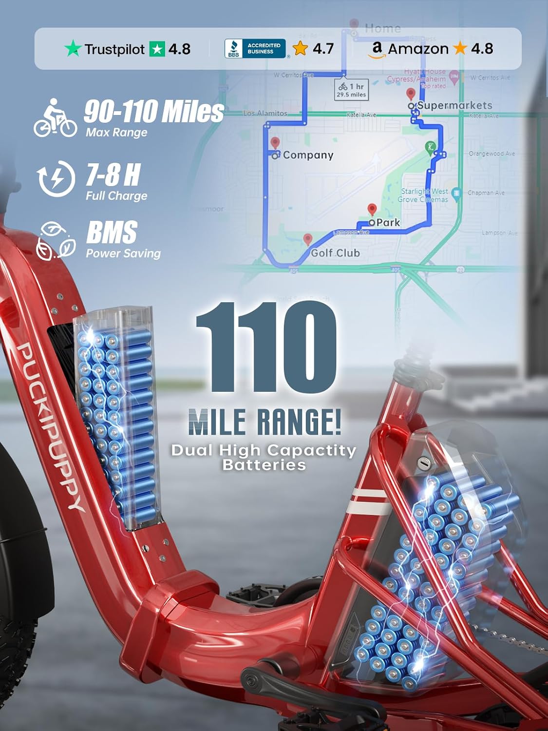 PUCKIPUPPY Dual Battery Electric Tricycle with 110-Mile High Range, 960W Peak Motor Pickup Class Trike, 500lb Load Capacity, 20'' Fat Tires and Large Basket for City and Mountain Trails, Husky Plus