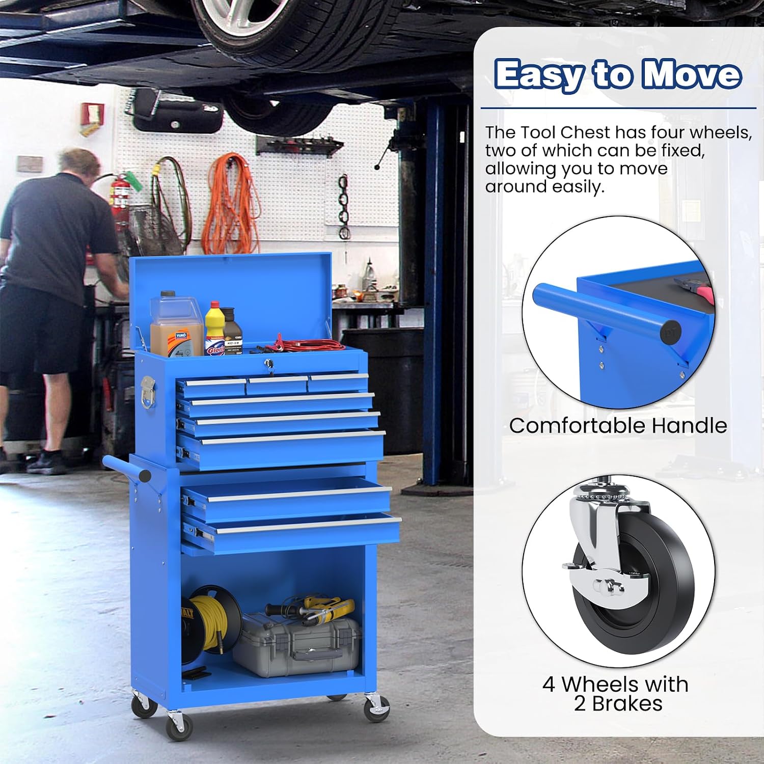 Rolling Tool Chest with Wheels, 8-Drawer High Capacity Tool Box with Wheels, Removable Storage Toolbox with Lock for Garage, Workshop (Blue)