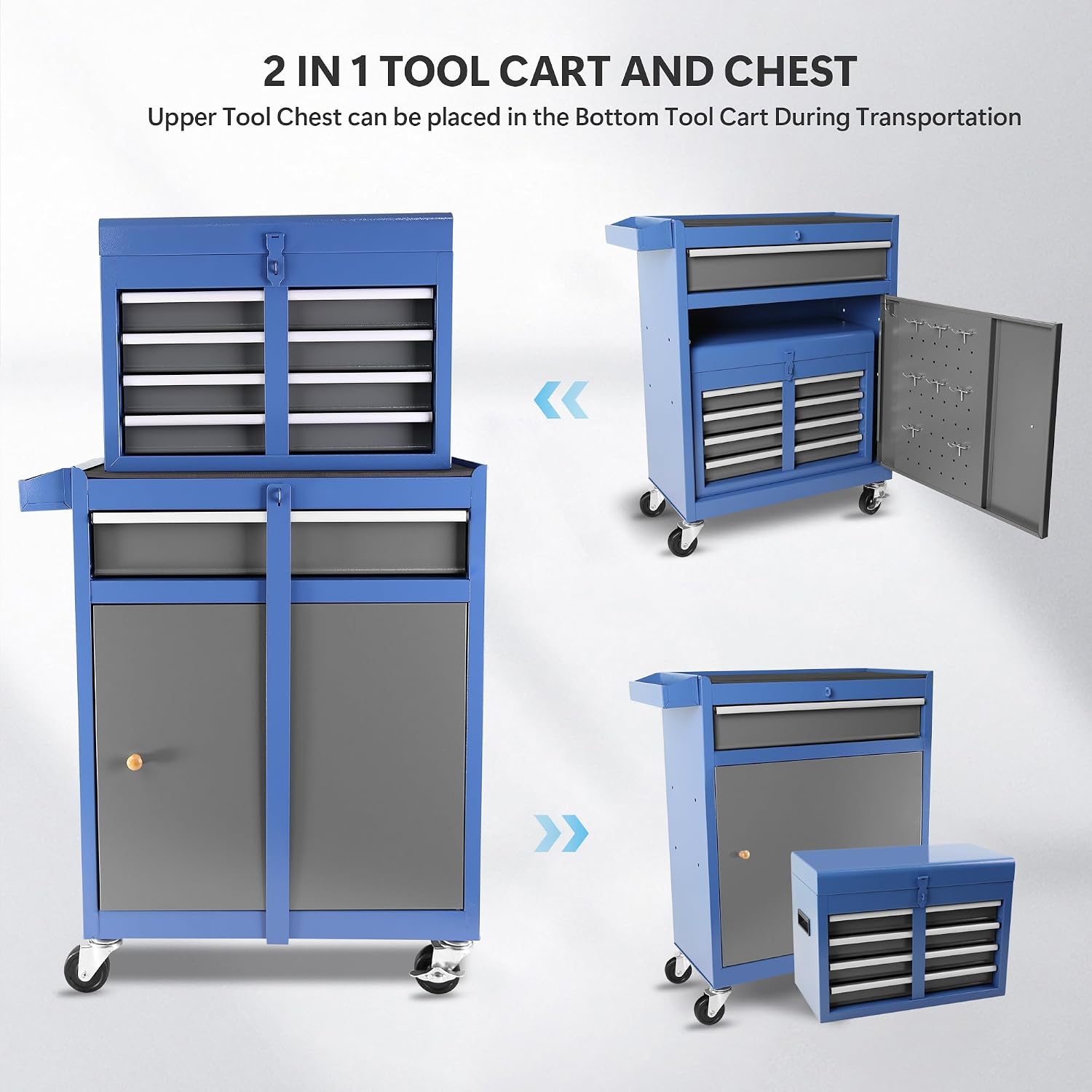 Tool Chest, 5-Drawer Rolling Tool Storage Cabinet with Detachable Top Tool Box, Liner, Universal Lockable Wheels, Adjustable Shelf, Locking Mechanism, Metal Tool Cart for Garage Workshop