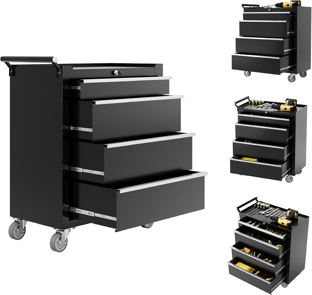 IDEALHOUSE Rolling Tool Chest, 4 Drawers Tool Storage Cabinet, Toolbox with Wheels, Portable Tool Cabinet Organizer with Locking System & Drawer Liners, Tool Storage Cart for Garage, Workshop, Black
