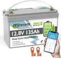 12V Lithium Battery 135Ah Bluetooth, Rechargeabel Deep Cycle LiFePO4 Batteries, 100A Smart BMS with Low-Temp Protection, Perfect for RV, Solar, Boat, Marine, Trolling Motor