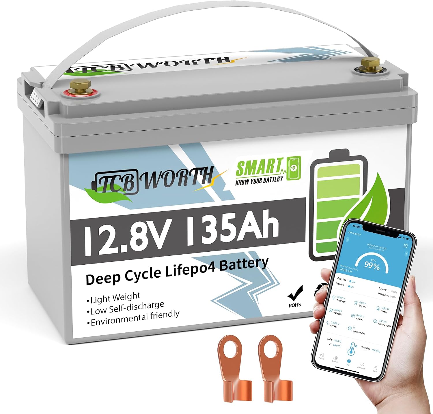 12V Lithium Battery 135Ah Bluetooth, Rechargeabel Deep Cycle LiFePO4 Batteries, 100A Smart BMS with Low-Temp Protection, Perfect for RV, Solar, Boat, Marine, Trolling Motor