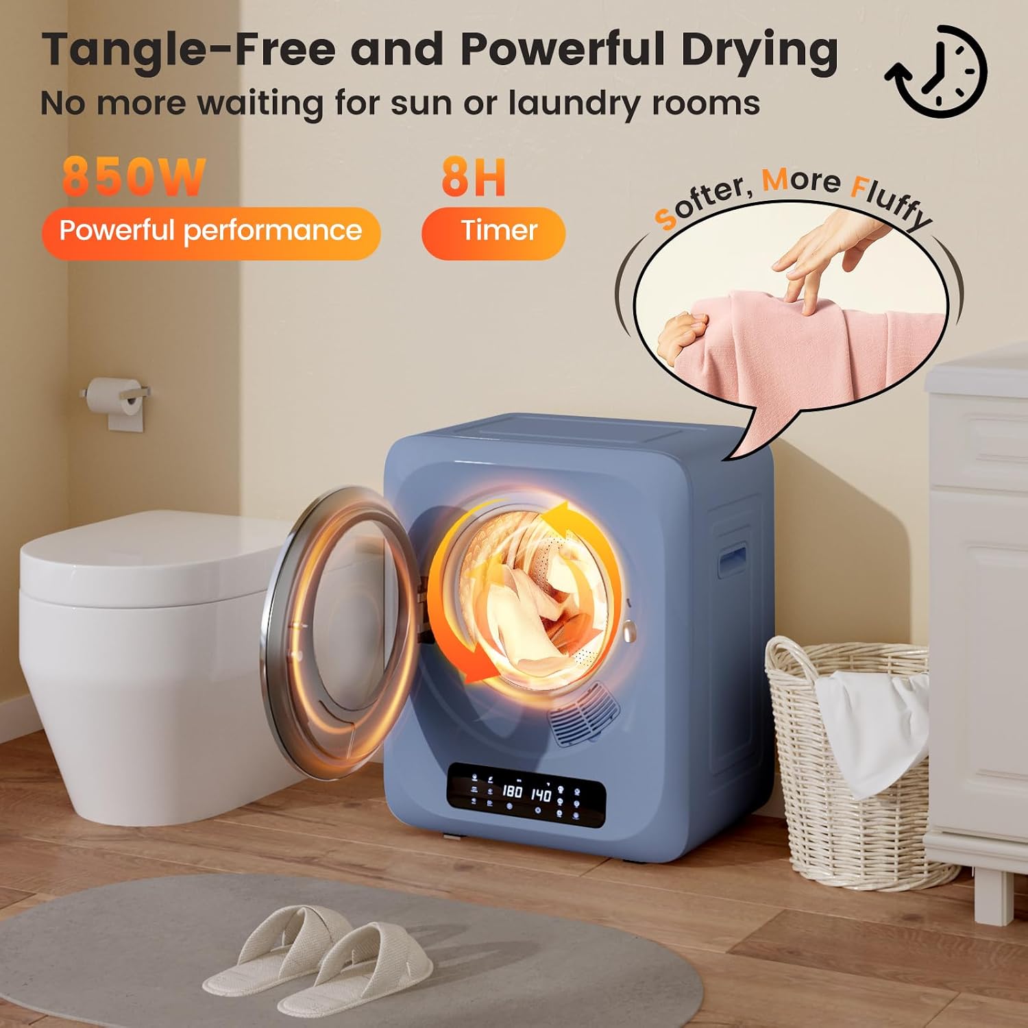 VCJ Portable Dryer for Laundry, 12lbs Clothes Dryer with 6 Drying Modes & 8H Timer, LED Display 850W Front Load Compact Electric Dryer for Apartment, RVs, Dorms