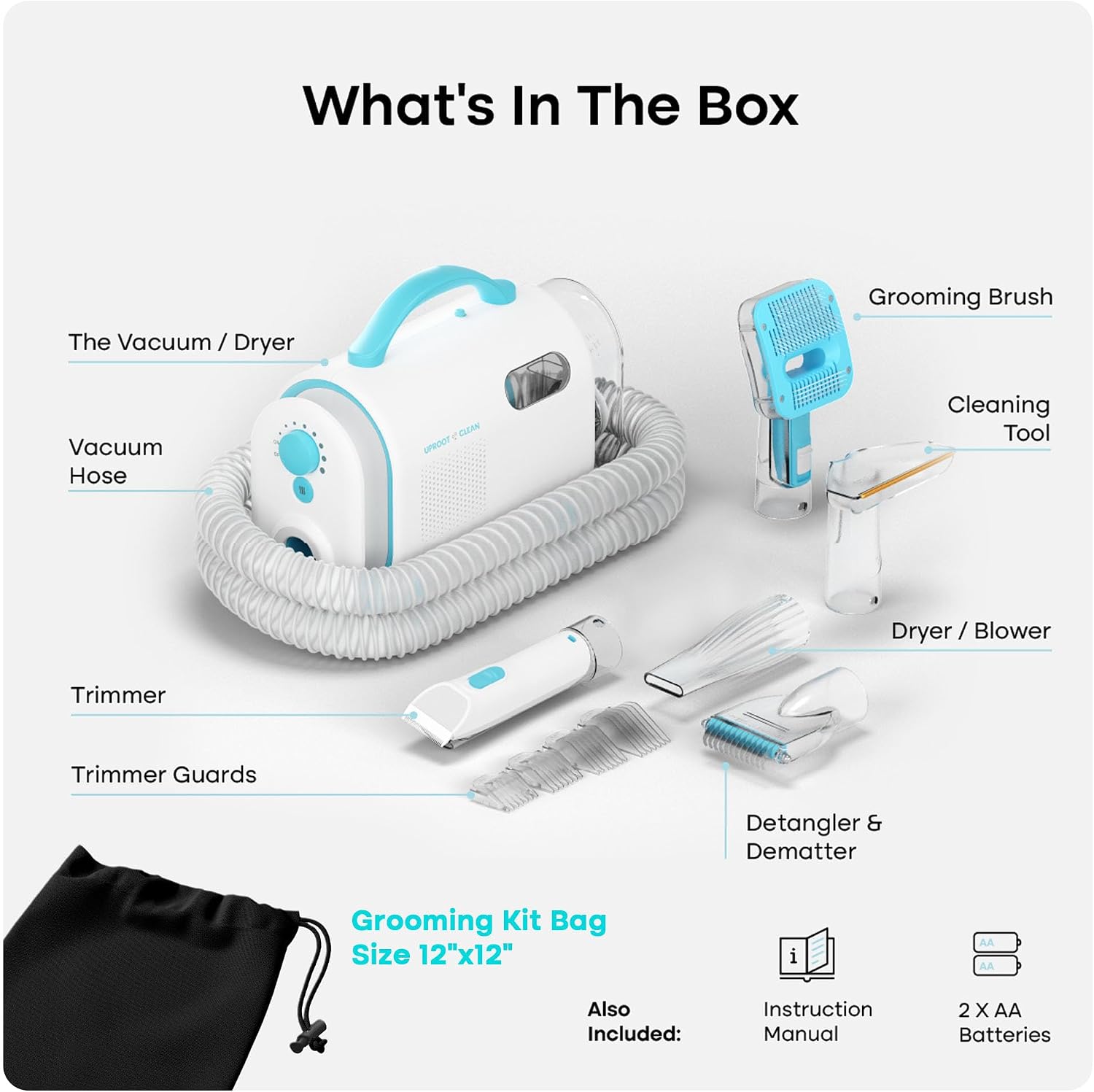 Uproot Clean Pet Groomer Vacuum Kit 7 in 1 - Cat & Dog Grooming Kit with Brush, Detangle, Deshed, Trim, Clean, & Dry Attachments - Complete Cat & Dog Grooming Vacuum for Shedding Pets