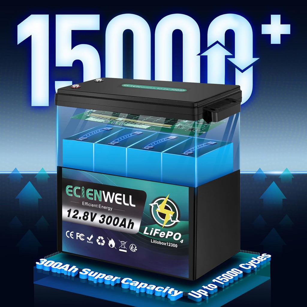12V 300Ah Lithium LiFePO4 Battery, ECIENWELL 15000+ Deep Cycle Marine Battery with 200A BMS, 3840Wh Lithium Batteries for Golf Cart, Trolling Motor, RV, Truck, Kayak, Camping, Solar Panel, Off-Grid
