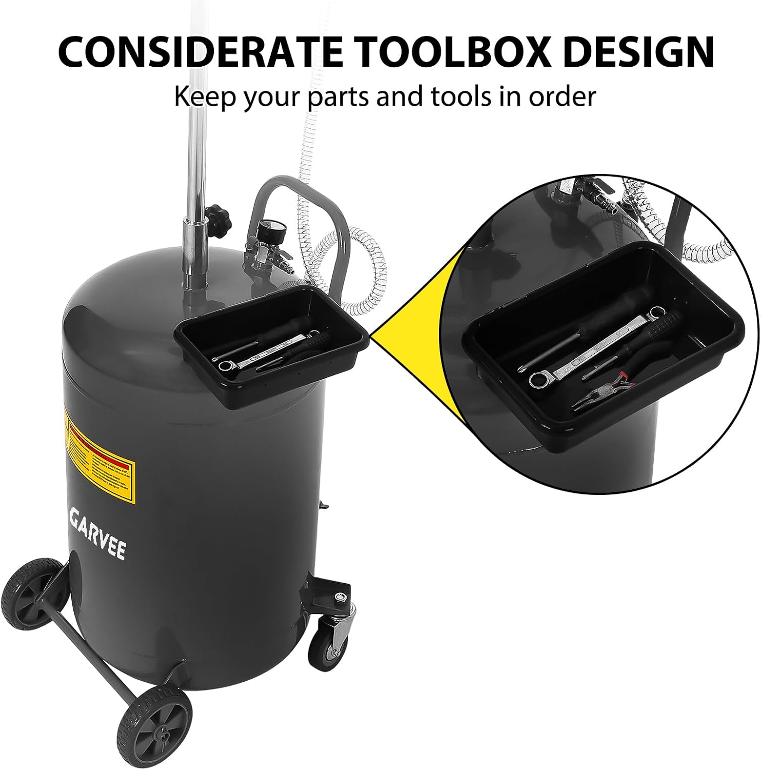 Garvee 20 Gallon Waste Oil Drain Tank, Portable Oil Drain Container, Air Operated Drainer, Fluid Fuel Transfer Drainage, Adjustable Funnel Height with Wheel &15'' Premium Bowl and a Toolbox