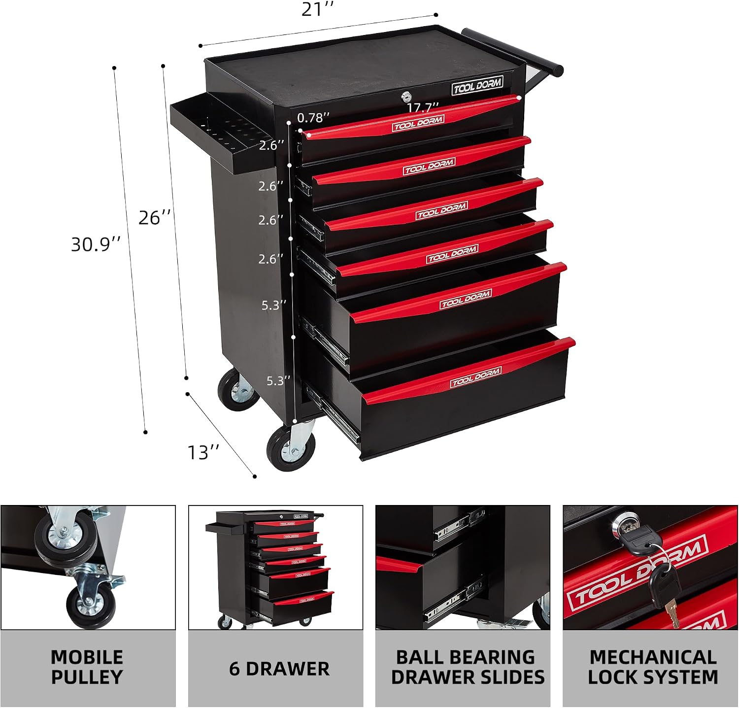 Rolling Tool Chest with Wheels, 6-Drawer Small Tool Cabinet, Metal Rolling Tool Box with Wheels and Locking System for Garage Warehouse Workshop Office Organizers and Storage (Black)
