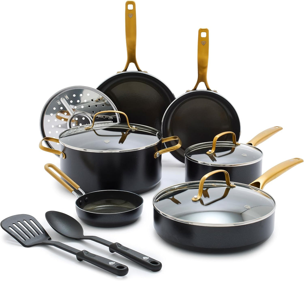 Blue Diamond Gold 12 Piece Cookware Set, PFAS-Free Ceramic Nonstick Pots & Pans, Induction Ready for All Cooktops, Kitchen Serving Utensils, Dishwasher Safe, Black