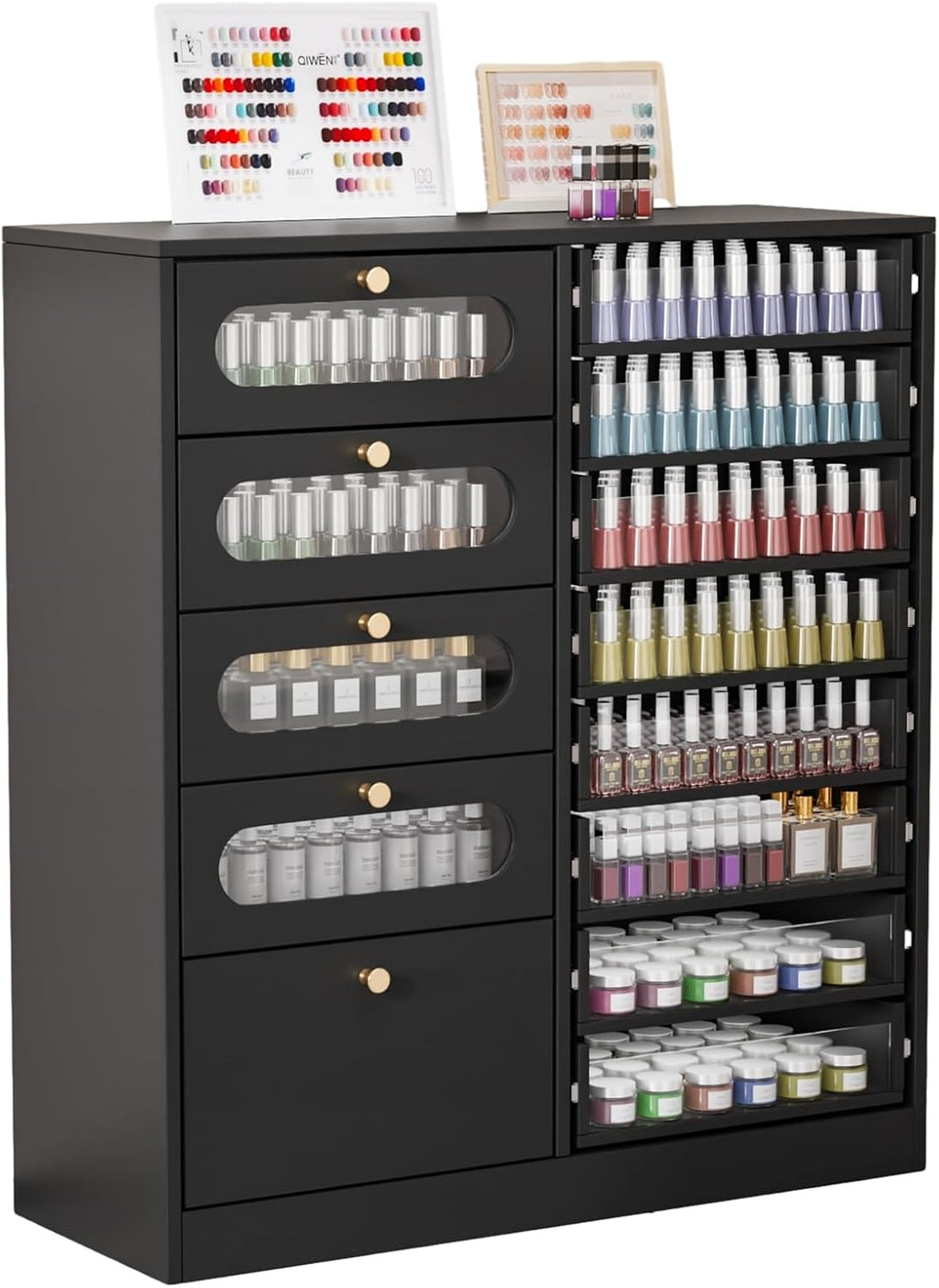 OmySalon Nail Salon Organizer Cabinet, 32' L Floor Storage with 8 Clear & 4 Visual Drawers, Wooden Display for Polish & Powder, Beauty Salon Furniture (Black, 32'' Length)
