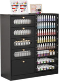 OmySalon Nail Salon Organizer Cabinet, 32' L Floor Storage with 8 Clear & 4 Visual Drawers, Wooden Display for Polish & Powder, Beauty Salon Furniture (Black, 32'' Length)