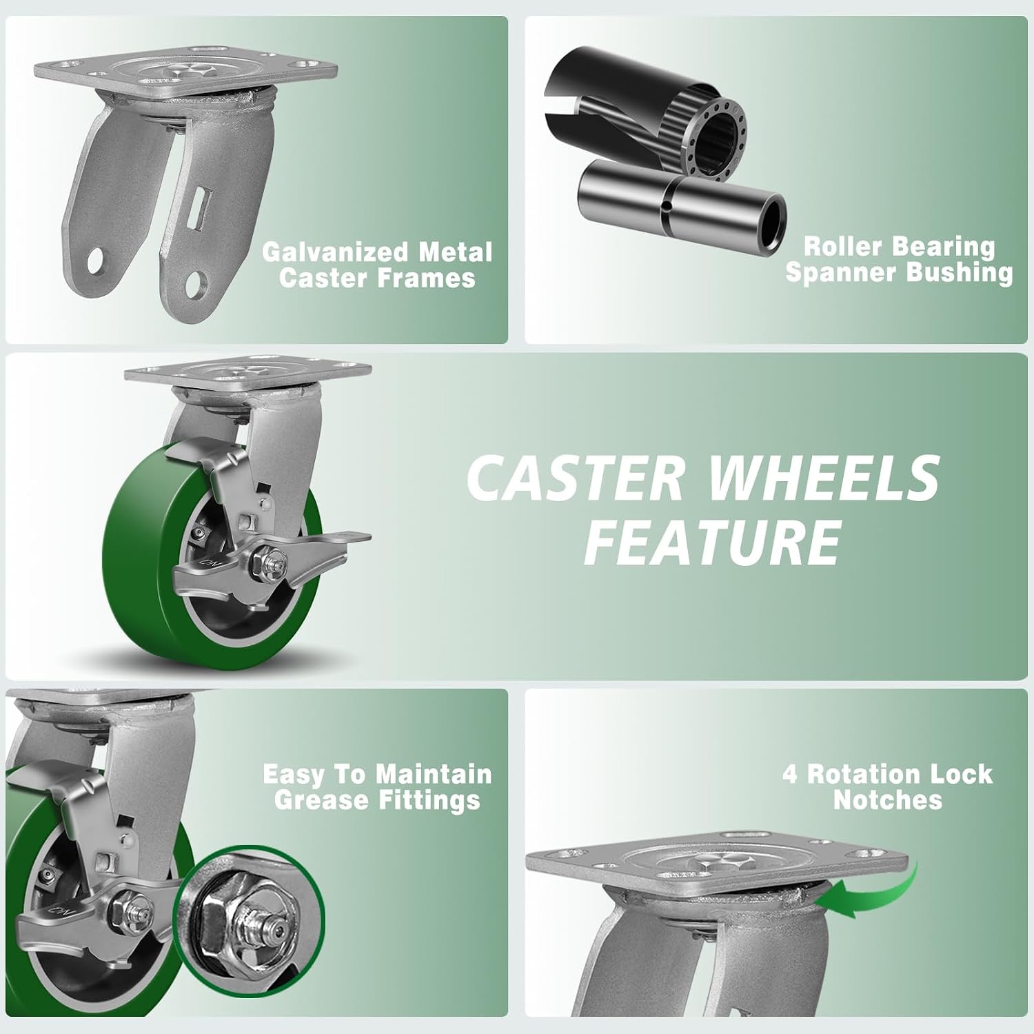 5'X2' Caster Wheels, Heavy Duty Casters Set of 4, Aluminum Core Thickened Polyurethane Industrial Casters for Toolbox Workbench,2 Swivel & 2 Brake, 4000 Lbs Total Capacity