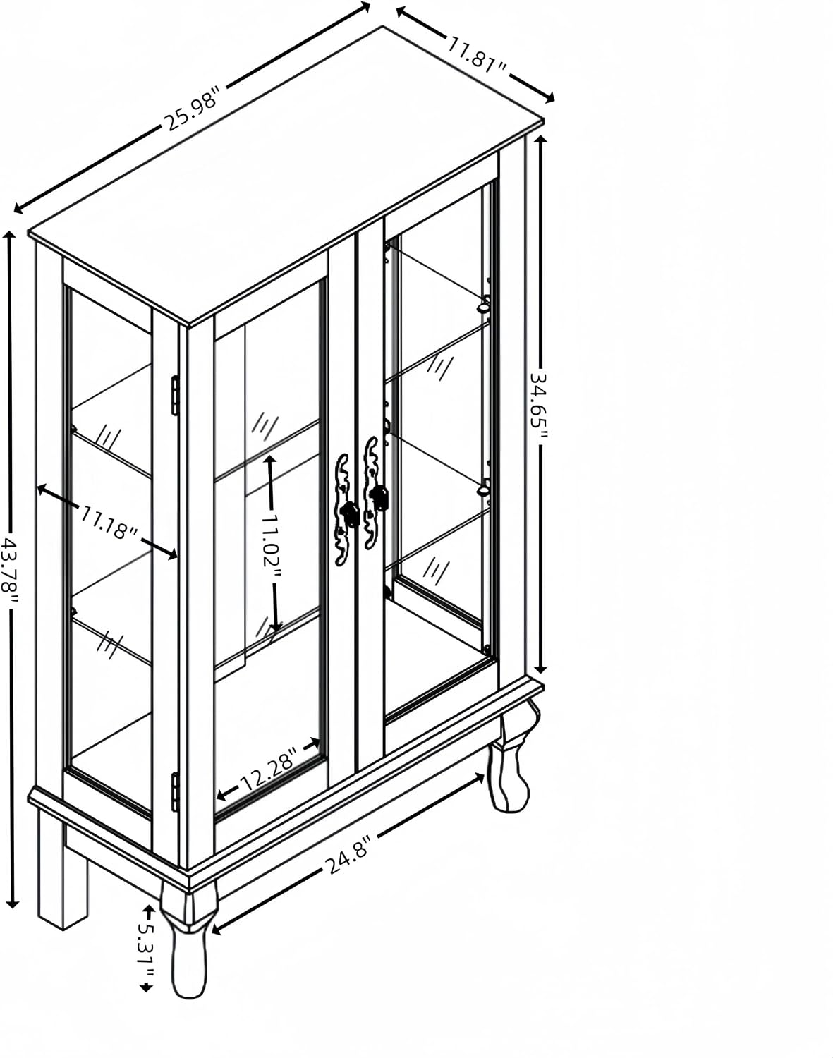 44' Small LED Glass Accent Curio Cabinet, Vintage China Cage with 2 Tempered Glass Doors & Adjustable Shelves, Acrylic Mirrored Pane, Elegant Wine Artwork Showcase for Living Room/Kitchen (Oak - LED)