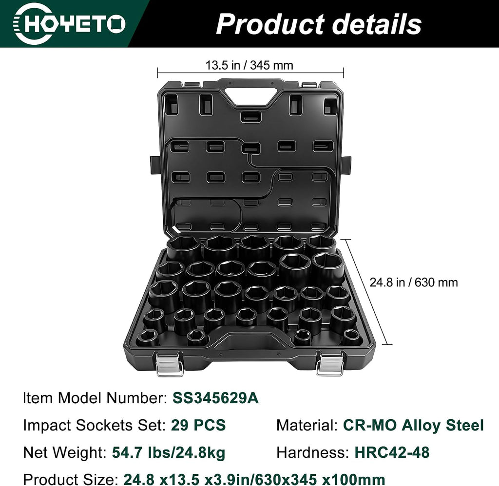 3/4' Impact Socket Set 29 Piece 3/4' Drive Impact Sockets Set, Rugged Construction, Cr-Mo, 6-Point Sockets,3/4 Inches Socket Set Impact SAE 3/4 inch - 2-1/2 inch, with a Storage Cage