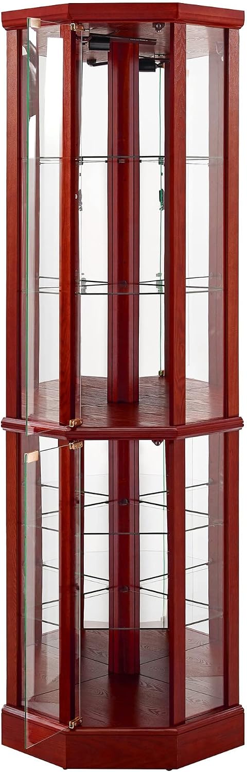 Corner Curio Cabinet, 70' Tall Lighted Glass Display Cage with Tempered Glass Doors and 5 Adjustable Shelves, Wine Bar China Cabinet for Living Room (E26 Bulb Not Inclued) (Cherry & Style 2)