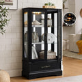 47' Lighted Glass Accent Curio Cabinet, 3-Tier Antique Storage Cage with Adjustable Shelves & Drawer, Acrylic Mirrored Pane, Light Blub Included, Small China Cabinet for Living Room/Kitchen (Black)