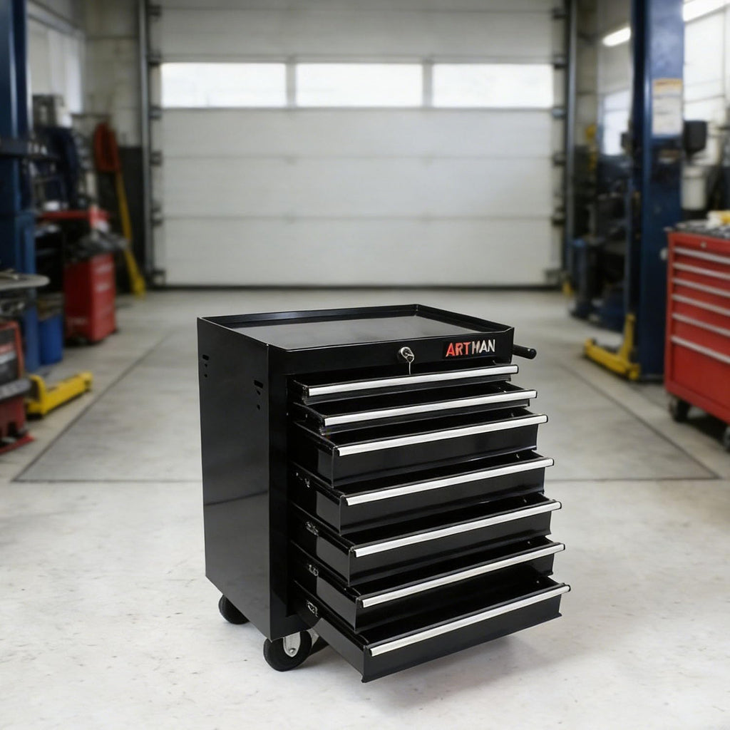 7-Drawer Tool Cart on Wheels, Drawers Rolling Tool Chest with Key Lock, Mobile Trolley Organizer Tools Box with Locking Wheels & Ball Bearing Drawers for Garage,Repair Shop (Black)