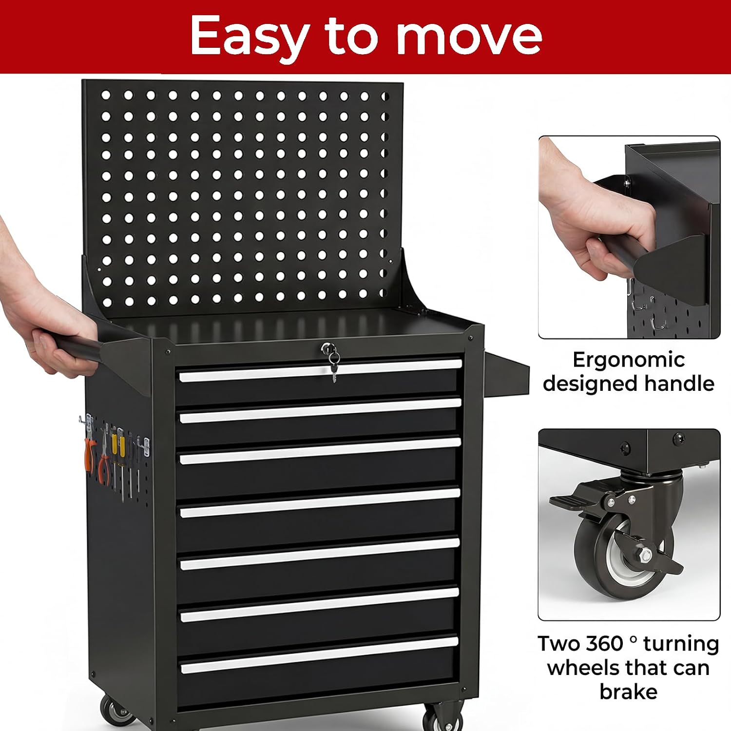7 Drawers Rolling Tool Chest, Metal Tool Box with Wheels & Lock, Tool Drawers Garage Tool Storage Cabinets Organizer Rolling Cart Toolbox on Wheels for Garage, Workshop, Repair Shop(Assembly Required)