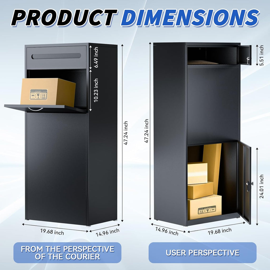 47IN Front in Back Out Package Delivery Box for Outside, Extra Large Parcel Drop Boxes with Secure Storage, Ultra Anti-Theft Parcel Mailbox Suitable for Home, Office, Shop, Business