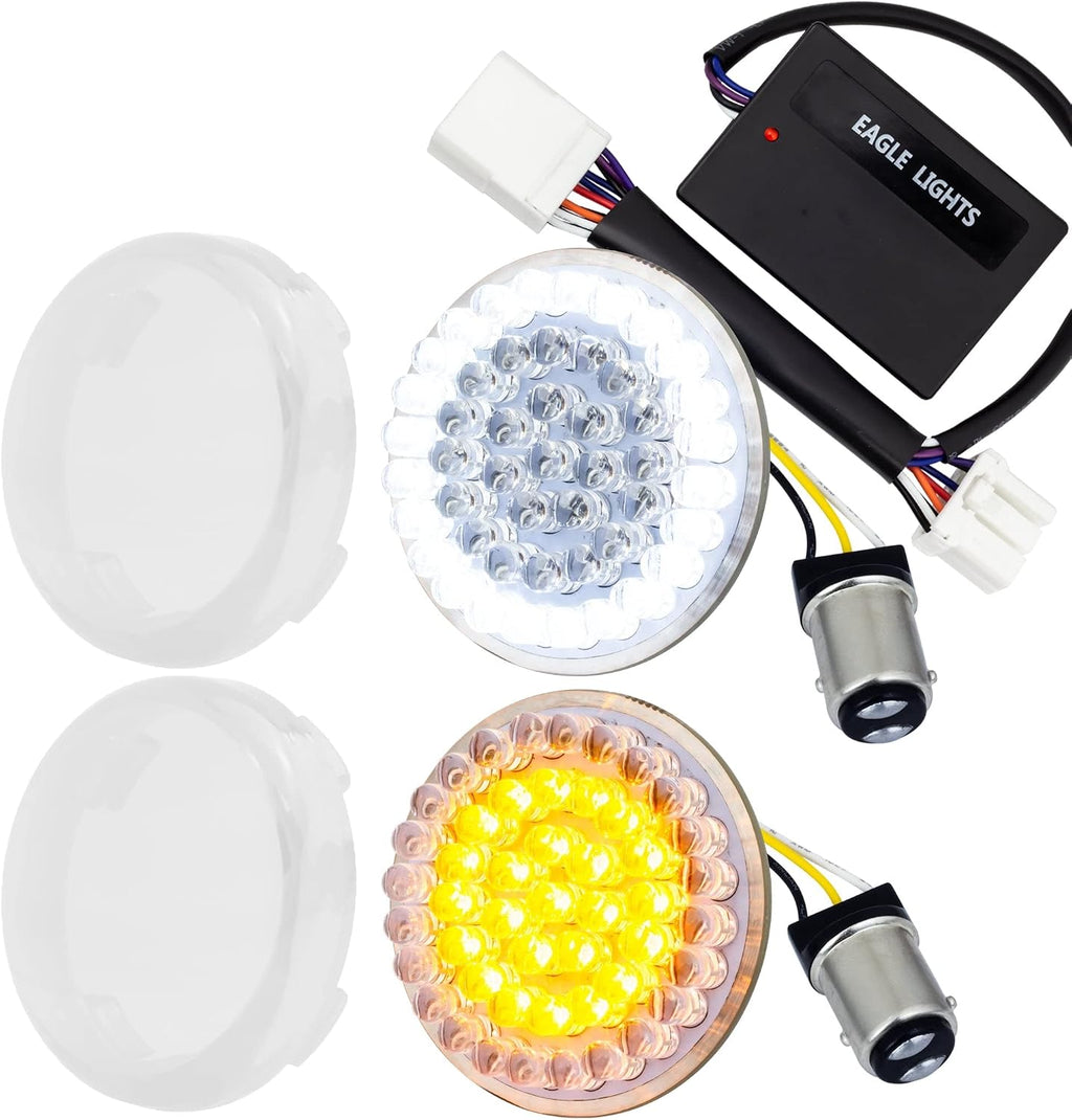 Eagle Lights 8748TS-C-EE 2' Front LED Turn Signals with White Halo Running Lights Compatible With Harley Davidson® Motorcycles - Generation I / 1157 Base/Add Clear Lenses/Add Load Equalizer