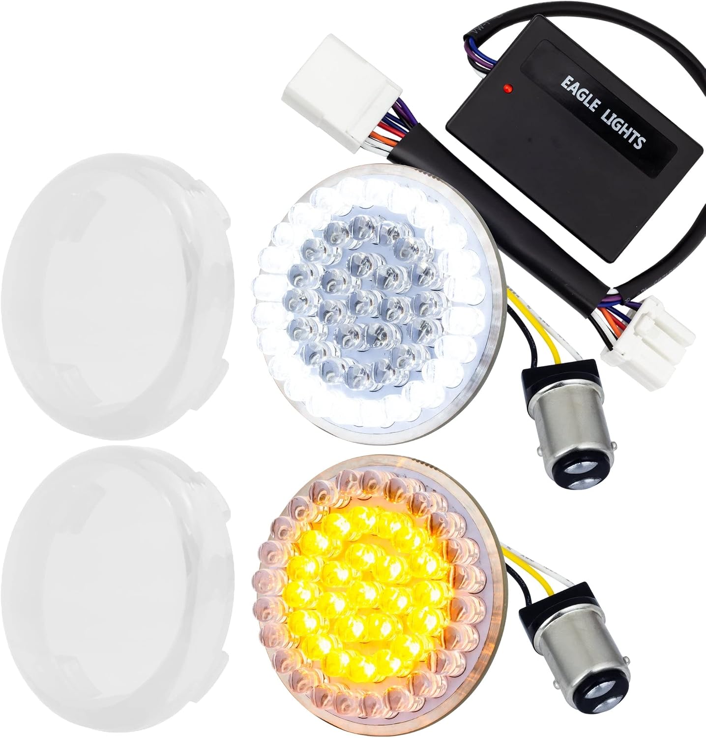 Eagle Lights 8748TS-C-EE 2' Front LED Turn Signals with White Halo Running Lights Compatible With Harley Davidson® Motorcycles - Generation I / 1157 Base/Add Clear Lenses/Add Load Equalizer