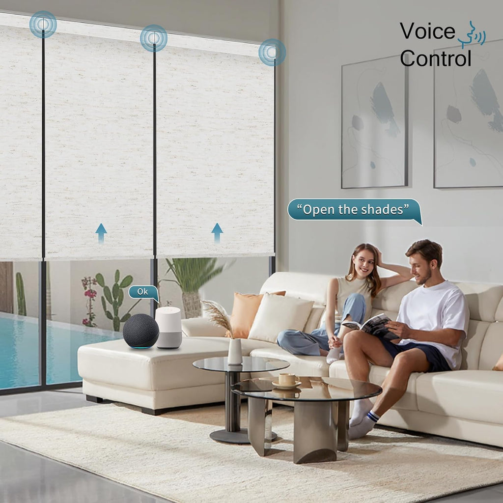 Motorized Roller Shade, 100% Blackout Smart Window Blinds Work with Homekit, Alexa, Google Home, Remote Control, Electric Blinds with USB/Solar Pannel Charging, Linen White