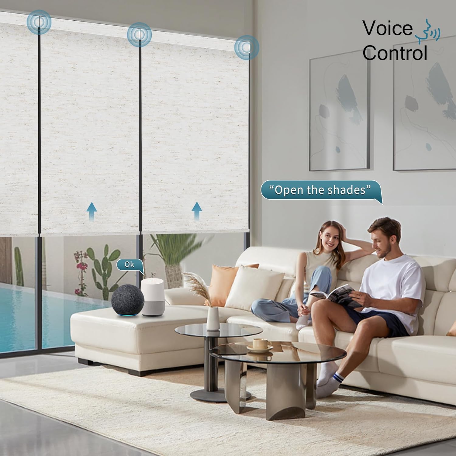 Motorized Roller Shade, 100% Blackout Smart Window Blinds Work with Homekit, Alexa, Google Home, Remote Control, Electric Blinds with USB/Solar Pannel Charging, Linen White