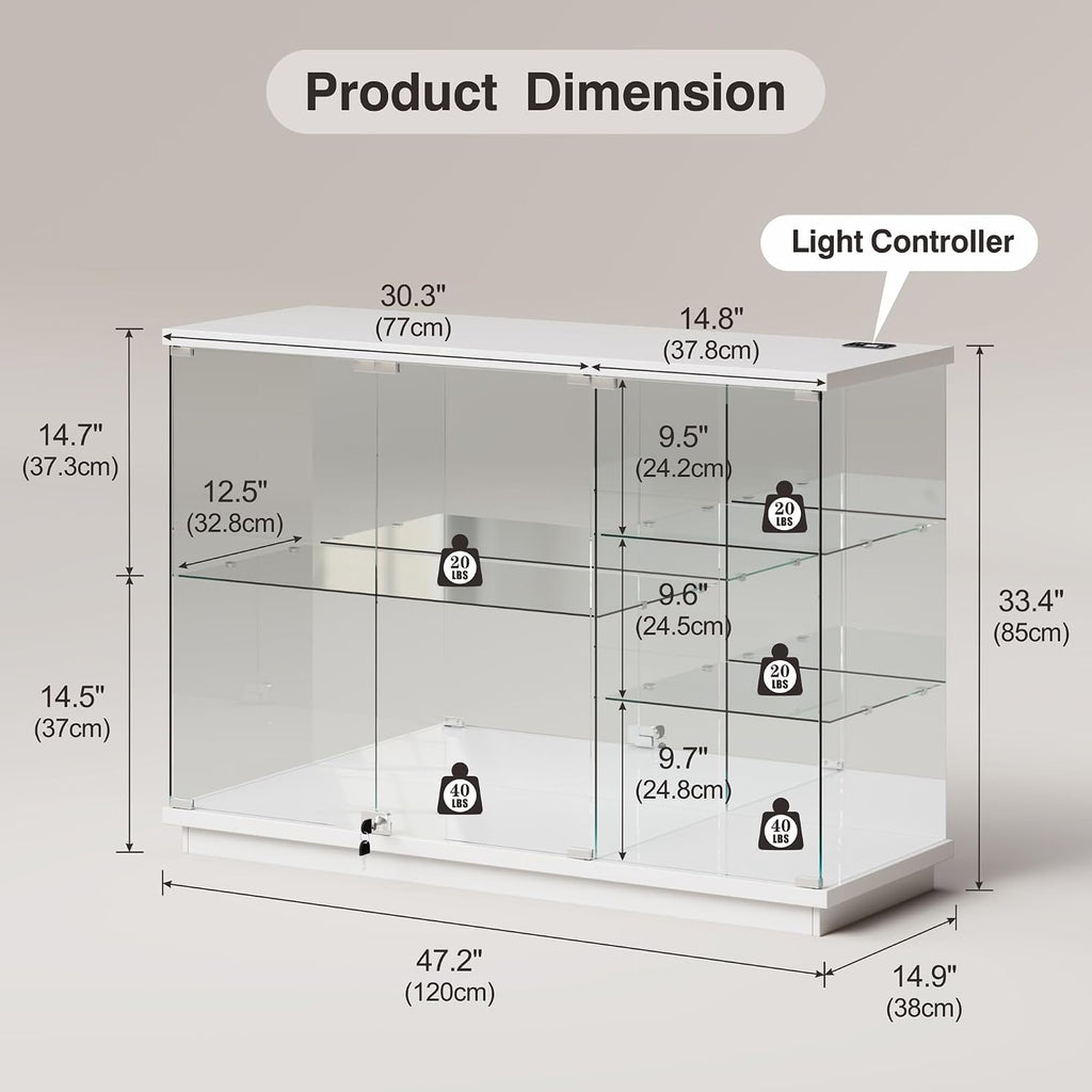 Lvifur RGB Glass Display Cabinet - with Lock, High Gloss Curio Cabinet Sideboard with Human Body Sensor & Glass Shelves for Toys, Books, Collectibles, Bookcase for Living Room, Kitchen, Study, White