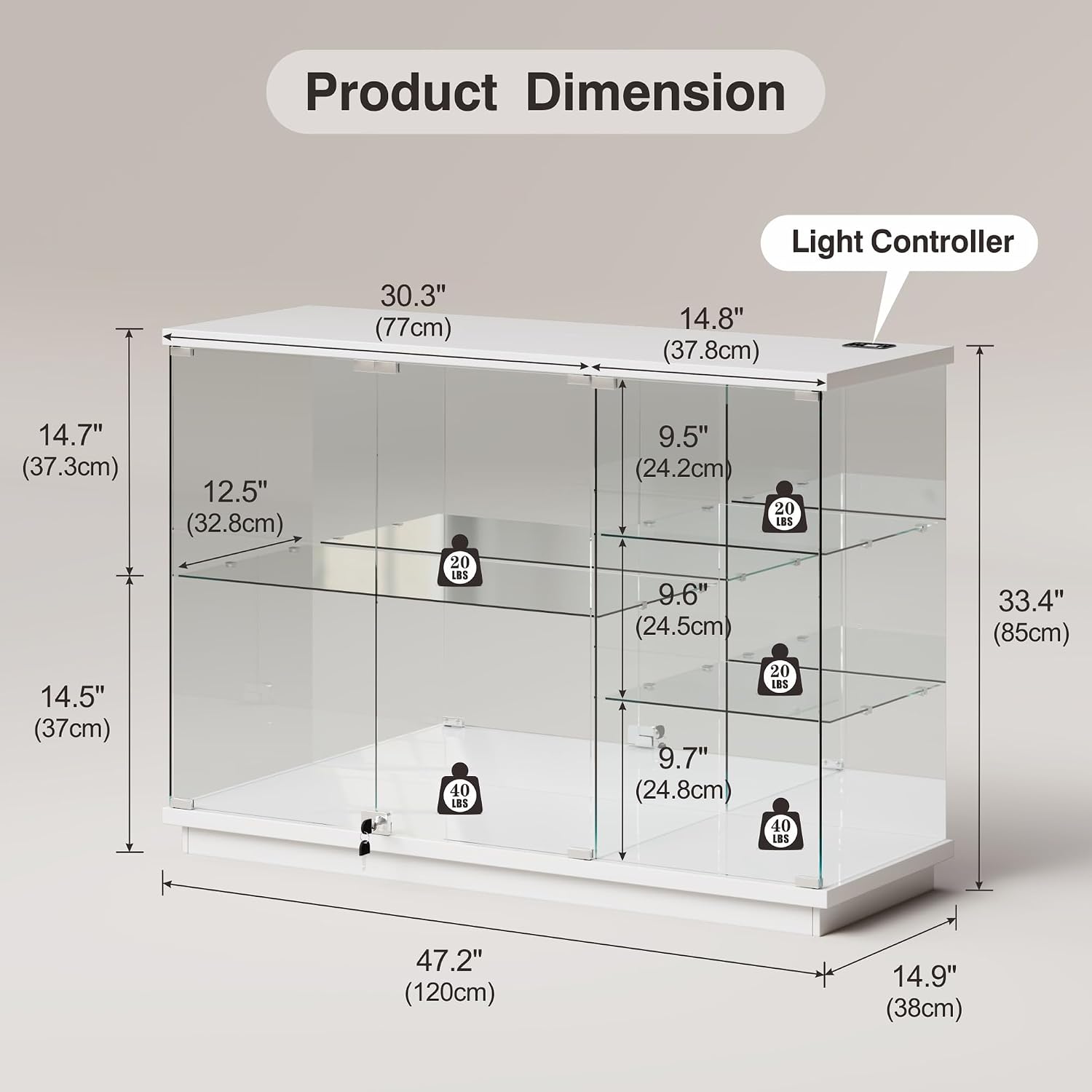 Lvifur RGB Glass Display Cabinet - with Lock, High Gloss Curio Cabinet Sideboard with Human Body Sensor & Glass Shelves for Toys, Books, Collectibles, Bookcase for Living Room, Kitchen, Study, White