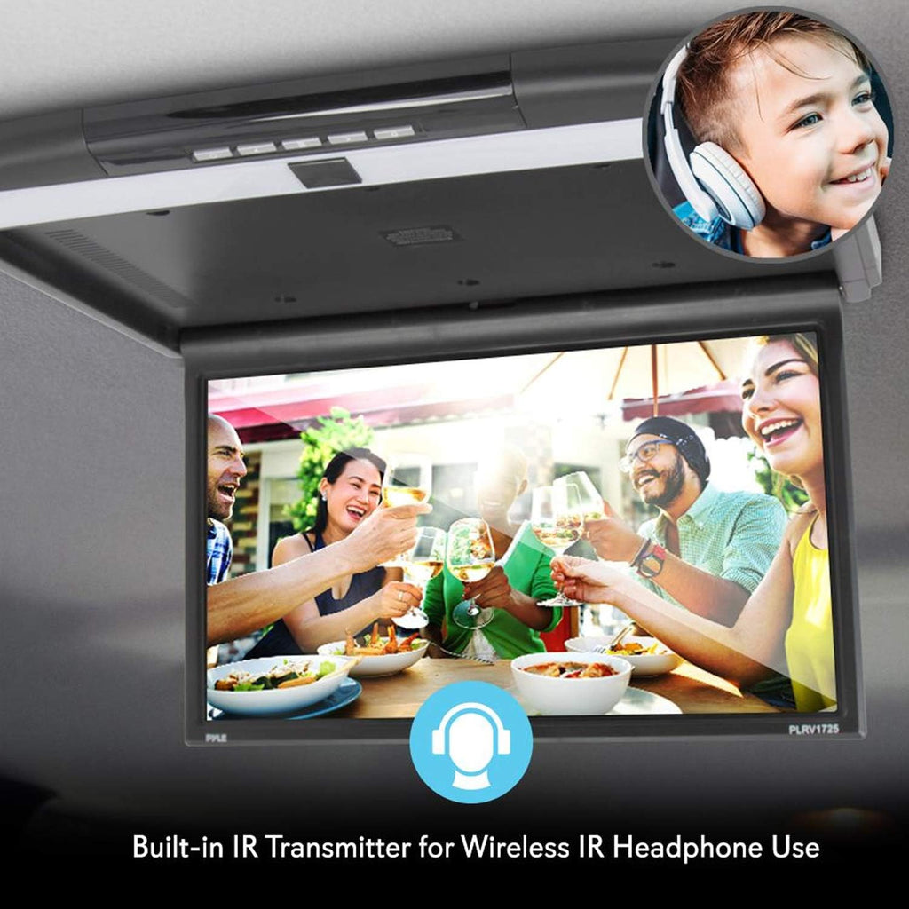 Pyle Car Overhead Monitor Screen Display - 17.3 inch. LCD Vehicle Flip Down Roof Mount Console - HDMI TV Player Control Panel w/ Built-in IR Transmitter for Wireless IR Headphone - Pyle PLRV1725