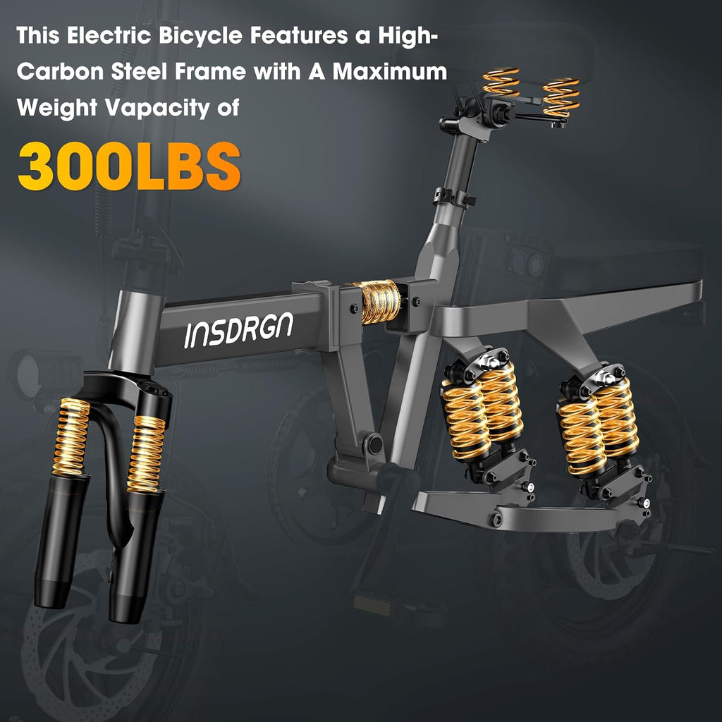 INSDRGN 14' Folding Electric Bike for Adults, Peak 1500W Motor,20MPH Max Speed,48V 16Ah Removable Battery Electric Bike, 35/62Miles Max Range, UL 2849 Certified E Bike