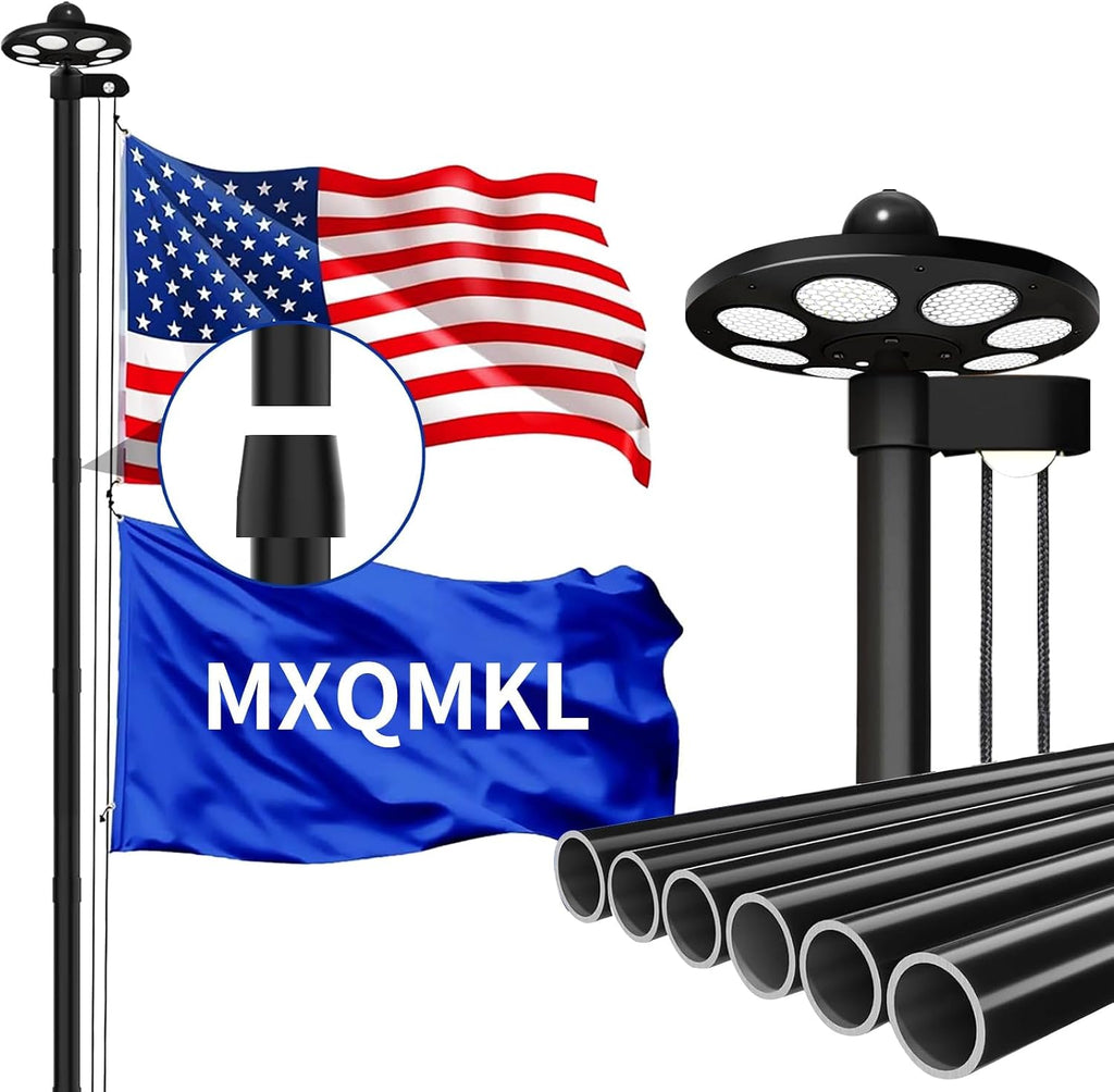 25FT Heavy Duty Flag Pole Kit with Solar Light,14 Gauge Flag Pole for Outside House in Ground Thick Aluminum Flagpoles with 136 LED Light & 3x5 American Flag with Pole for Outside Ip67 Waterproof