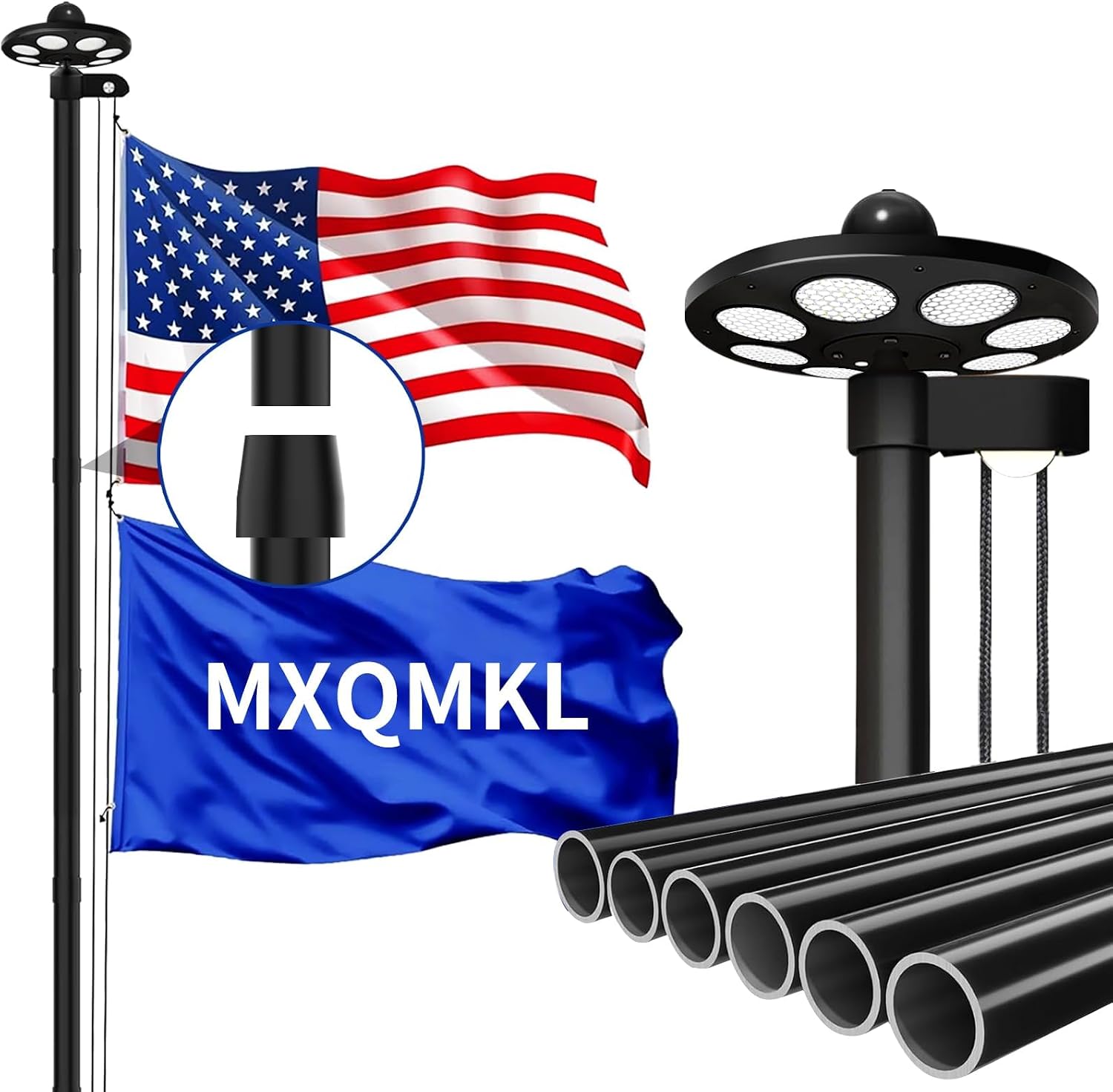25FT Heavy Duty Flag Pole Kit with Solar Light,14 Gauge Flag Pole for Outside House in Ground Thick Aluminum Flagpoles with 136 LED Light & 3x5 American Flag with Pole for Outside Ip67 Waterproof