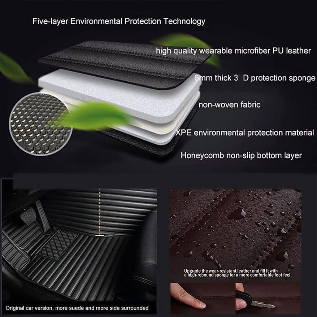 AGAATI for Mini Coupe 2009-2017 Custom Car Floor Mats, Front Rear Full Coverage Leather Stripe Floor Liners Protectors Anti-Slip Carpets Pads Interior Accessories,C/Beige