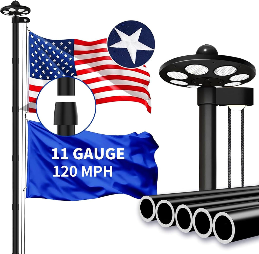 MXQMKL 11 Gauge Heavy Duty Flag Pole Kit with Solar Light,20FT Flagpoles for Outside House in Ground Extra Thick Outdoor Flag Pole with 3x5 American Flag with Pole for Outside,120 MPH Wind Tested