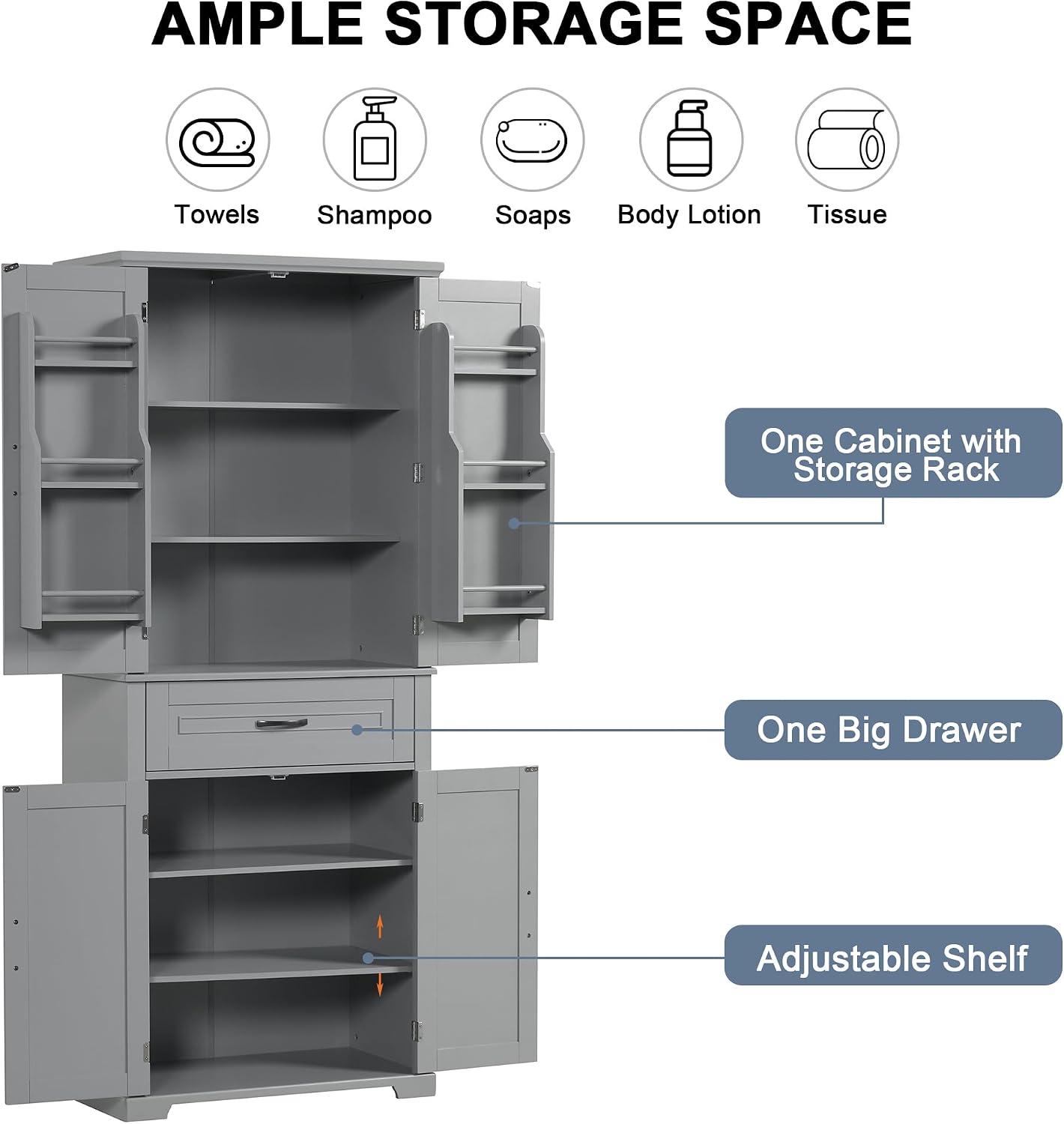 72.2' Storage Cabinet with Doors and Drawers, Tall and Wide Kicthen Pantry Cupboard Home Display Organizer with Door Shelf Rack for Bathroom, Adjustable Shelf, Gray