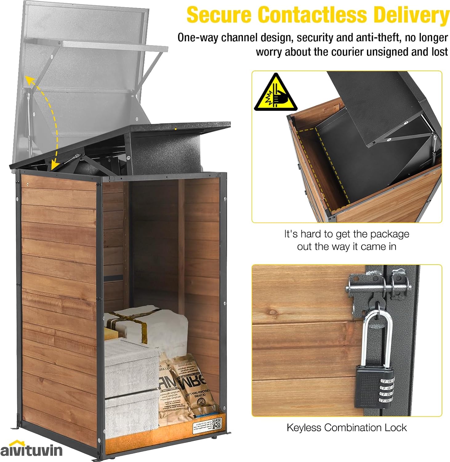 Aivituvin Package Delivery Box for Outside with Combination Lock | solid wood-iron frame, weatherproof, 10'x18'x18' parcel fit, one-way slot, lockable porch storage