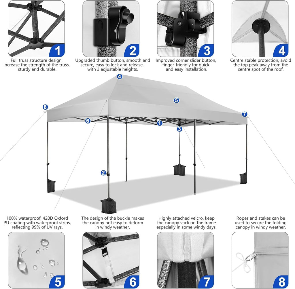 COBIZI 10x20 Pop up Canopy Tent Heavy Duty, Easy Set-up Commercial Outdoor Party Tents, 100% Waterproof Wedding Gazebo, 3 Height Adjustable with Wheeled Bag, White