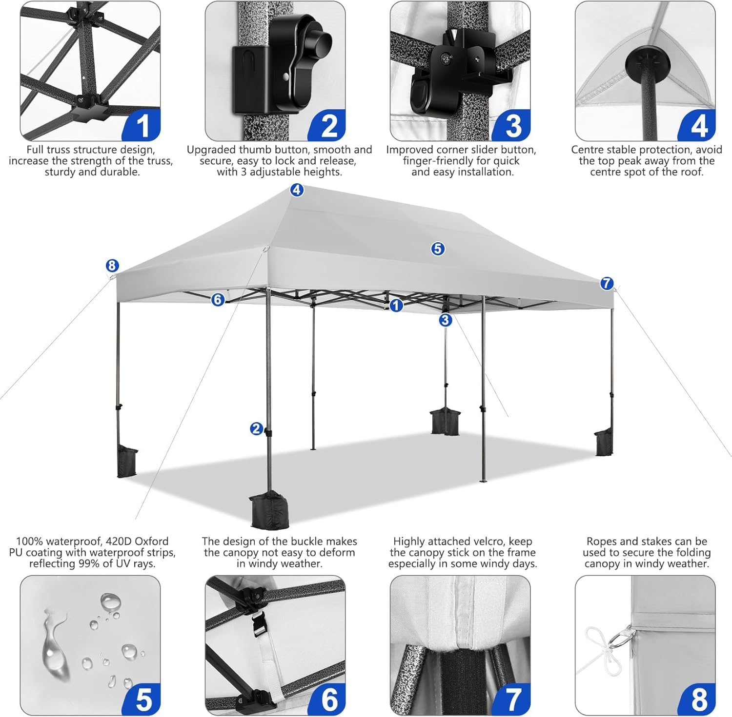 COBIZI 10x20 Pop up Canopy Tent Heavy Duty, Easy Set-up Commercial Outdoor Party Tents, 100% Waterproof Wedding Gazebo, 3 Height Adjustable with Wheeled Bag, White