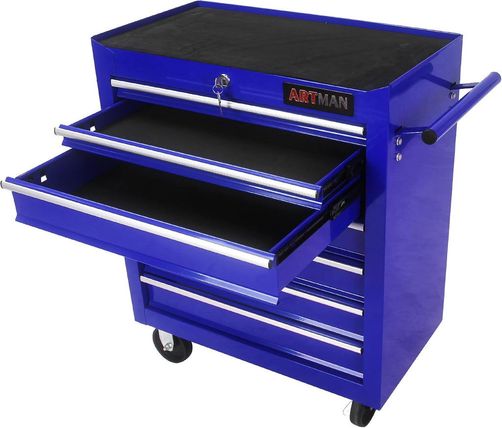 7-Drawer Tool Cart on Wheels, Drawers Rolling Tool Chest with Key Lock, Mobile Trolley Organizer Tools Box with Locking Wheels & Ball Bearing Drawers for Garage,Repair Shop (Blue)