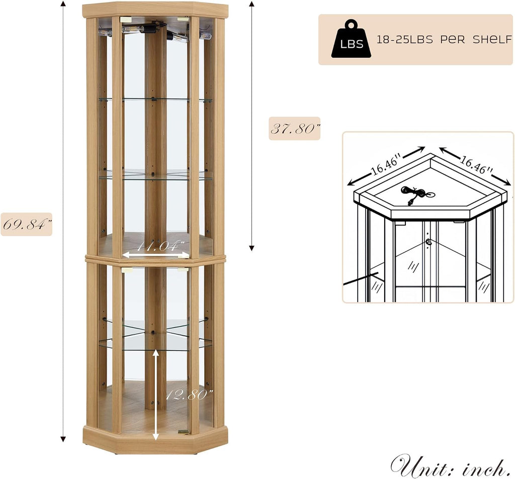 Corner Curio Cabinet, 70' H Lighted Glass Display Cage with Tempered Glass Doors and 5 Adjustable Shelves, Light Bulb Inclued, Wine Bar China Cabinet for Living Room (Light Oak)