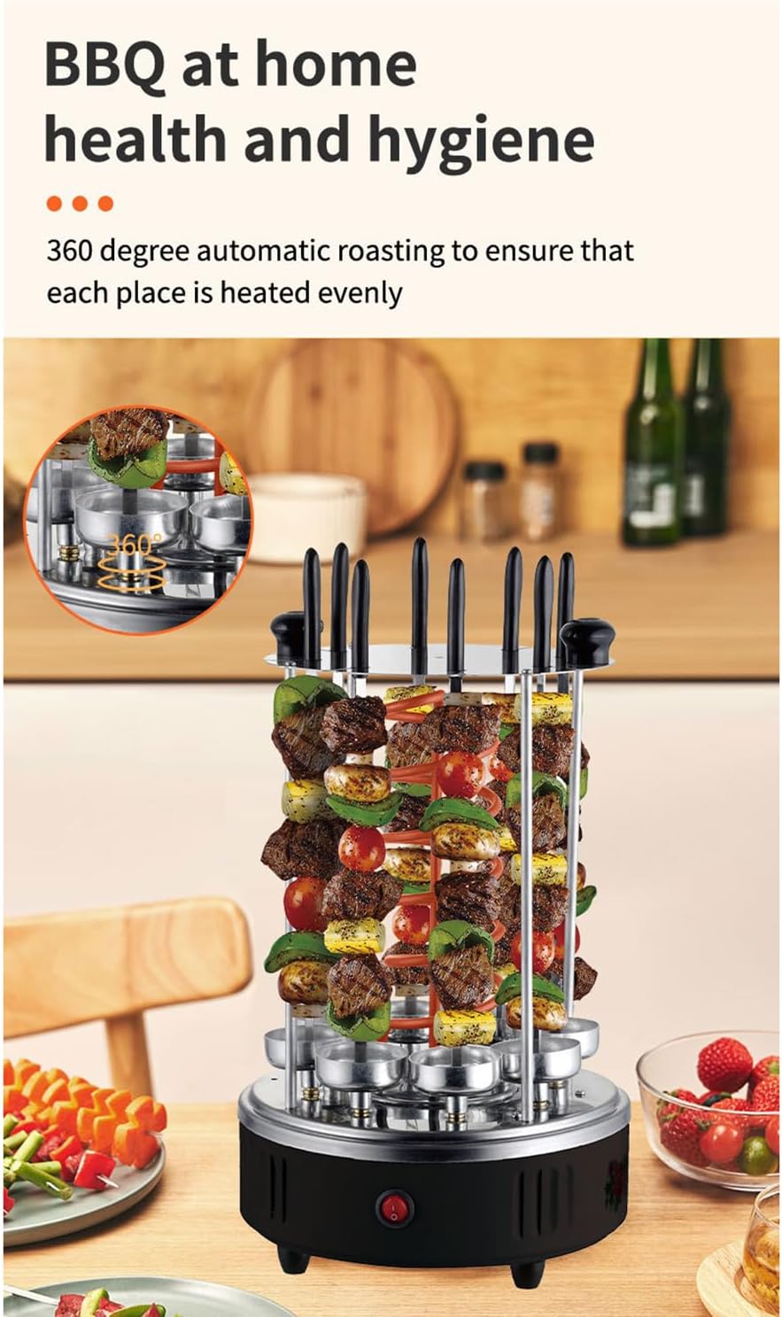 1500W Electric Rotating Vertical Rotisserie Grill, 360° Fully Automatic Barbecue Shawarma Machine, with Oil-Receiving Cup, 8 Grilling Forks, for Kebabs, Skewers and Roasts