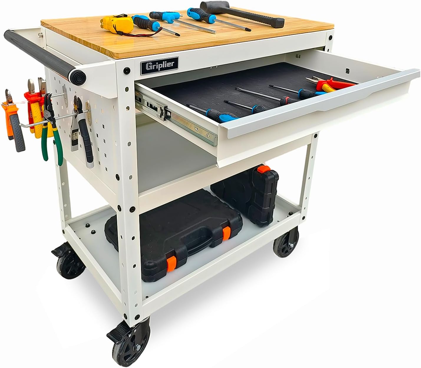 Rolling Tool Cart, 3-Tier Workshop Storage, Black Metal Frame with Wooden Top Workbench, Heavy-Duty Wheels,330LB Load Capacity Organizer Cabinet for Garage, Warehouse, Repair Shop(White)