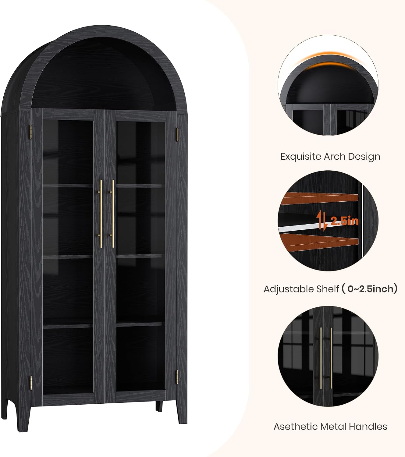 IDEALHOUSE Arched Kitchen Pantry Storage Cabinet - Farmhouse 5-Tier Display Shelf with 2 Large Glass Doors and Adjustable Shelf, Versatile Cupboard for Kitchen, Dining Room, Living Room, Black