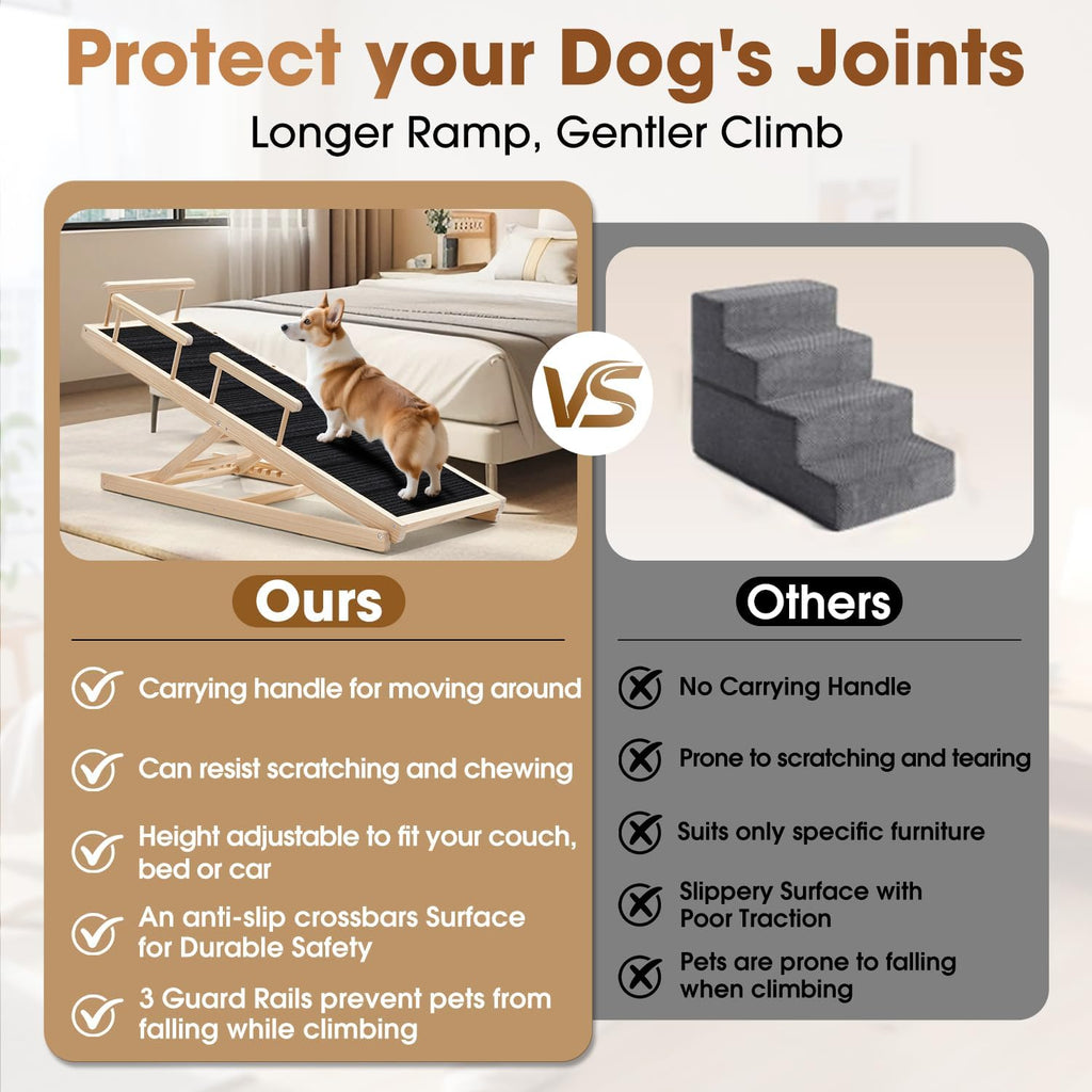 Dog Ramp for Bed - 52.9' Long Adjustable 12' to 28' Wooden Pet Ramp for Small Large Older Dogs - Dog Ramps for High Beds Couch Car - Dog Steps with High Traction Mat & Safety Side Rails Up to 250LB