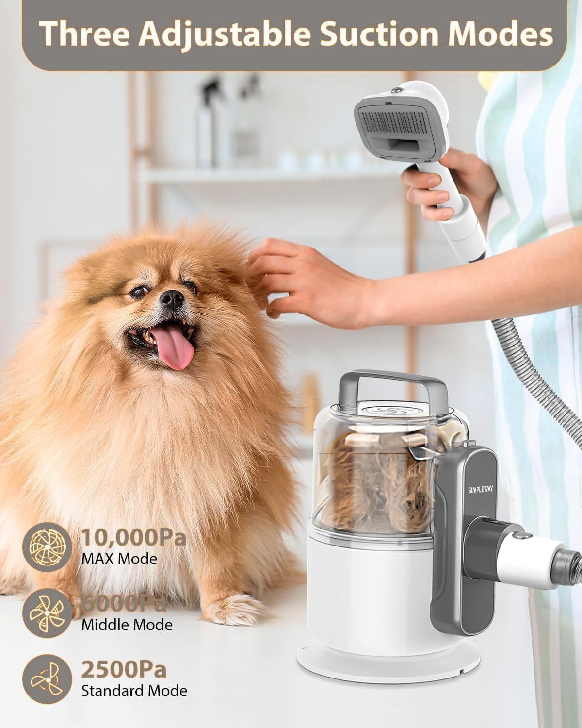 Dog Vacuum Grooming Kit for Shedding: Professional Hair Clippers Pet Groomer - Strong Suction Cleaner Deshedding Tool Fur Brush Attachment Trimmer for Home Cat (Milky)