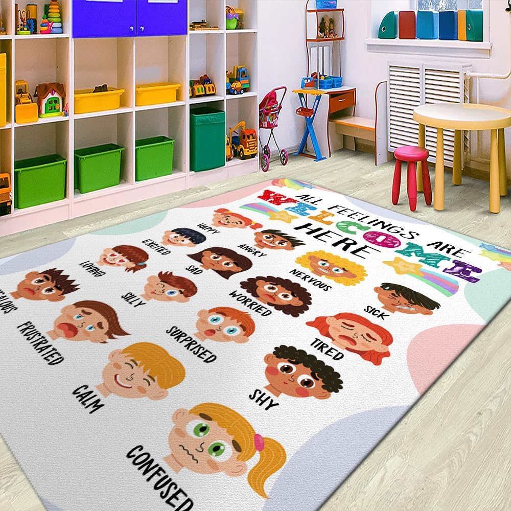 Calming Corner Classroom Rug - Feelings Chart - Coping Skills Emotions Chart Carpet - School Furniture Elementary, ABC Floor Mat Anti-Skid for School & Learning Area, Nursery Decor (8x5ft)