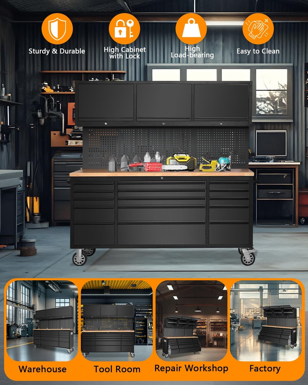 75' Tool Chest Tool Box, Heavy Duty Tool Chest Cabinet with 15 Drawers and 3 Upper Cabinets Combination Tool Cabinet, Large Tool Bench Organizer with Wood Top and Pegboard for Garage, Black