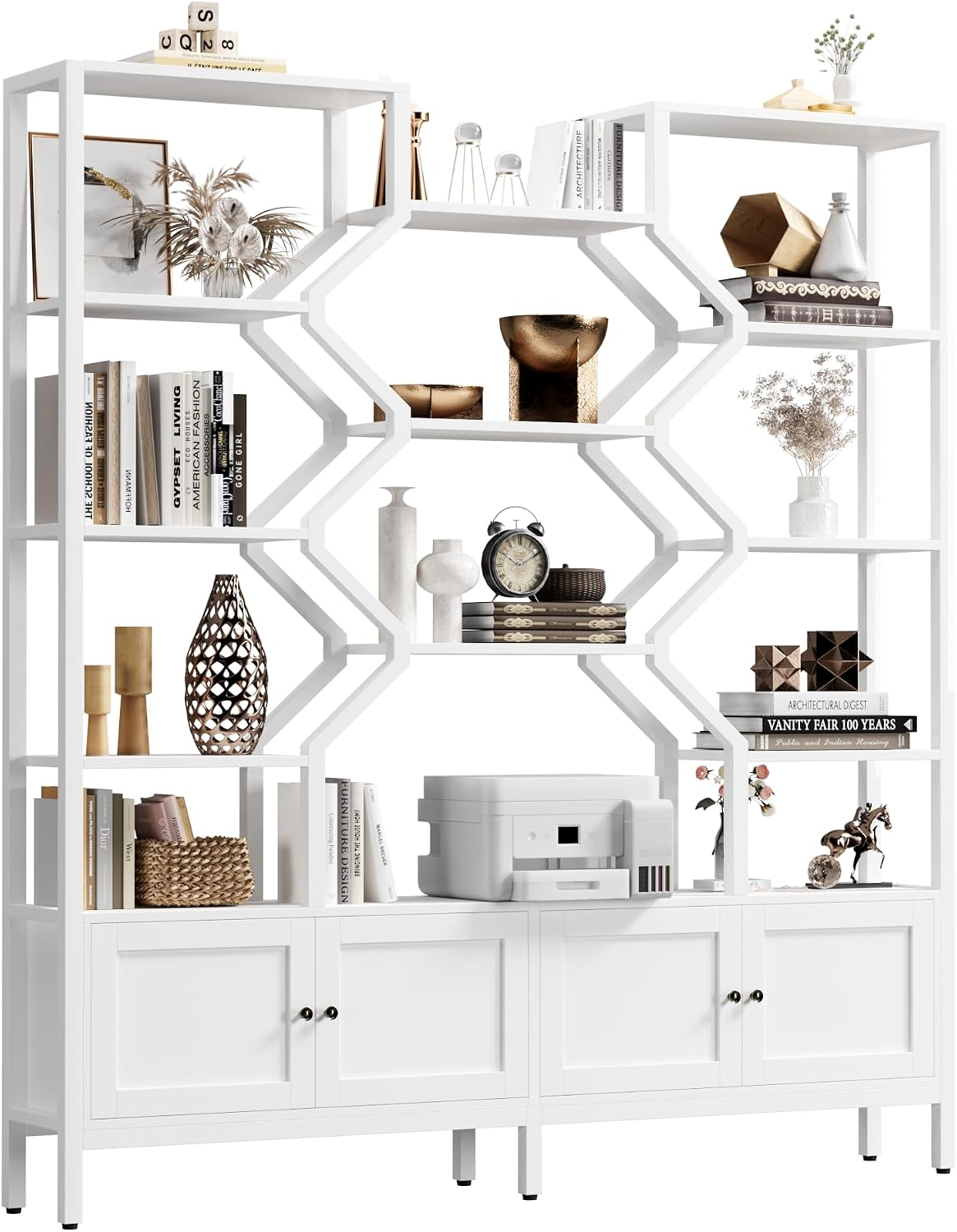 Keyluv Tall 5-Tier Bookshelf with 4 Large Storage Cabinet, 74.2' W x 76.5' H Etagere Bookcase 14 Open Display Standing Shelves with Metal Frame for Living Room, Dining Room, White